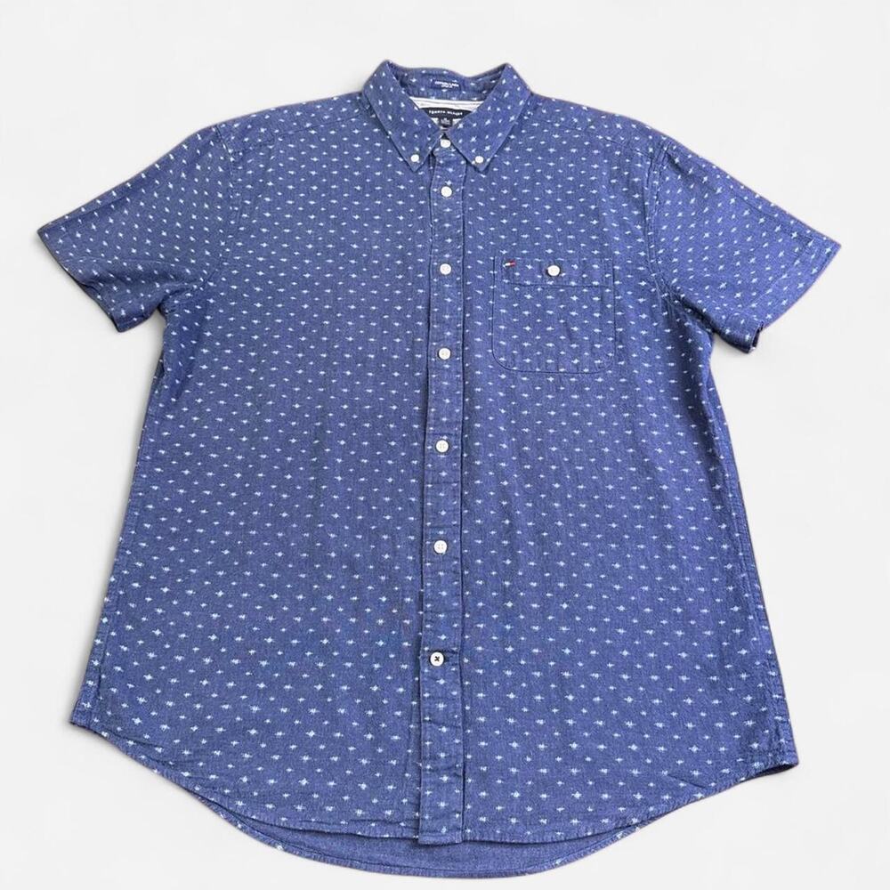 Tommy Hilfiger Men’s XL Blue Cotton Linen Short Sleeve Button Down Custom Fit